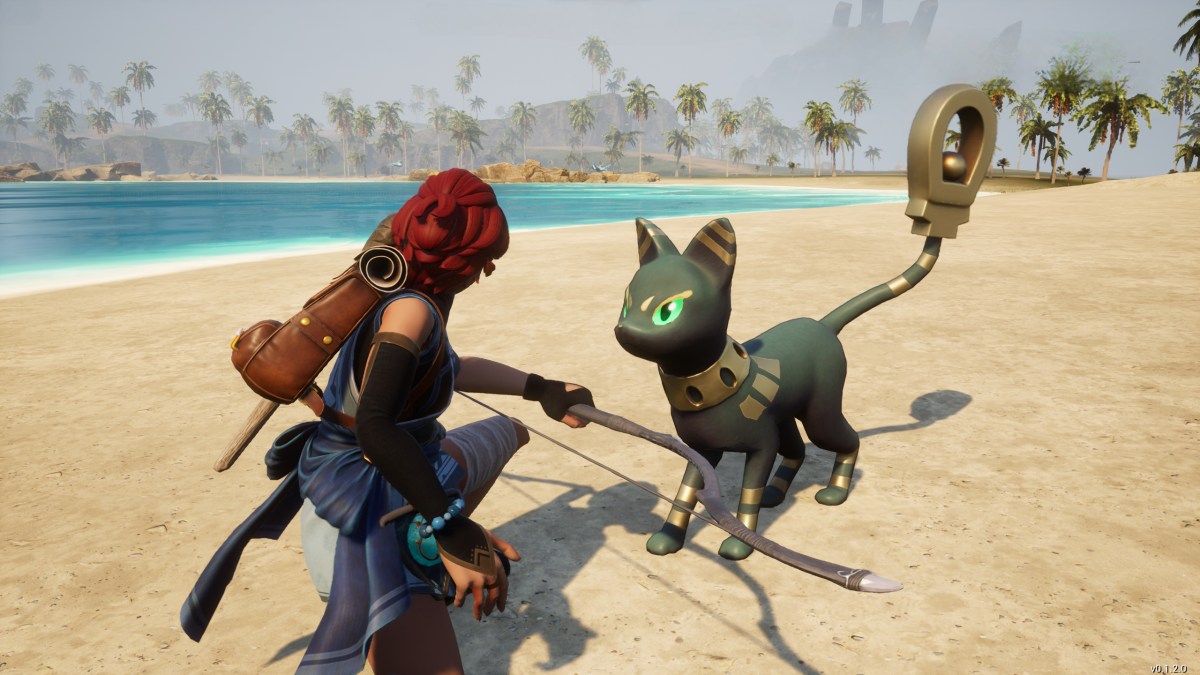 The player character crouches in front of Mau, a black cat with Egyptian accents