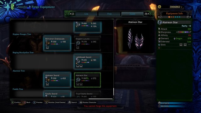 The Alatreon Star Sword and Shield is shown in the crafting menu of Monster Hunter World.