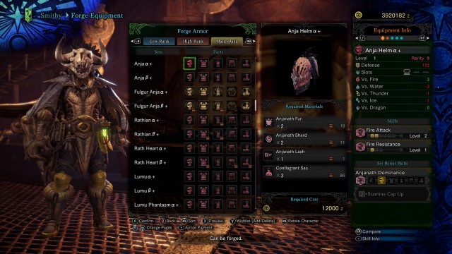A hunter shows off the Anja Helm + in Monster Hunter World, which requires Conflagrant Sacs to craft alongside several Anjanath parts.