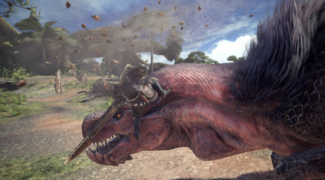 Image of a hunter jumping on a monster in Monster Hunter World.