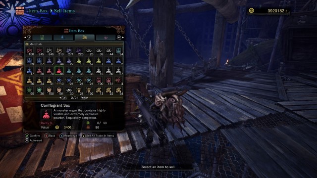 The Conflagrant Sac item sits in the inventory of a hunter in Monster Hunter World.