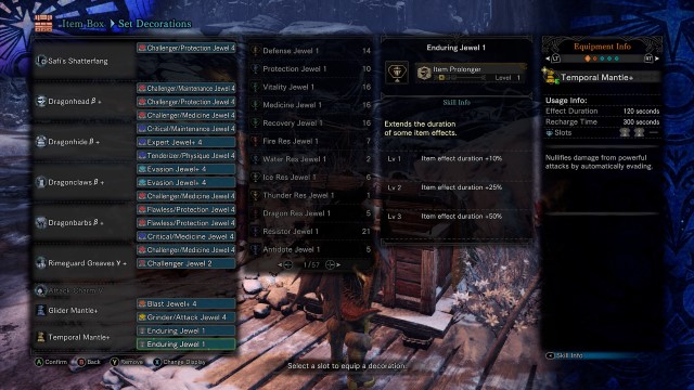 A series of decorations are shown in the menu of Monster Hunter World with a variety of skills.