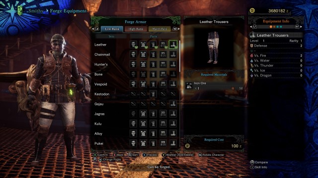 A Hunter in the armor creation menu, showing off the Leather Armor set in Monster Hunter World.