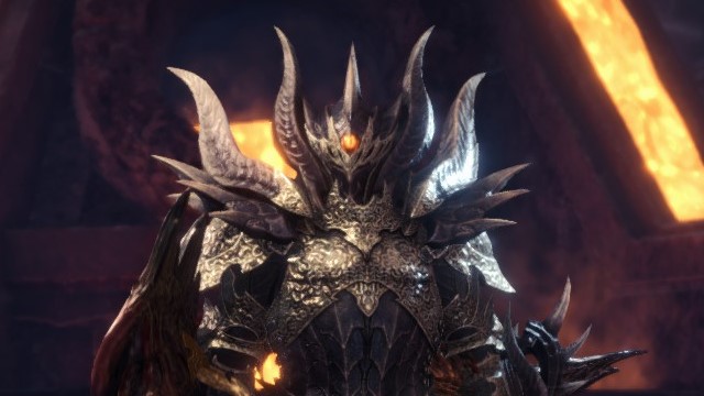 The Fatalis head and chestplate is shown in Monster Hunter World, on a background of the game's forge.