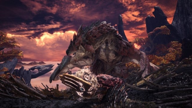 Rathalos, one of the Monsters in Monster Hunter World which has Conflagrant Sacs, sits in the Ancient Forest.