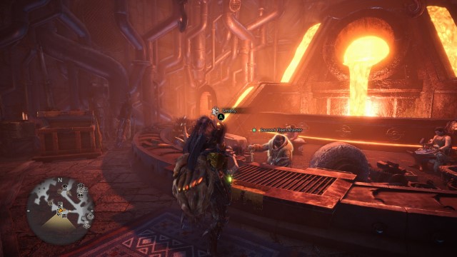 The armor forge in Seliana, the town in Iceborne, is shown. A hunter sits at the counter talking with the second fleet master in Monster Hunter World.