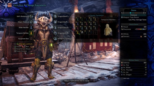The Specialized Tool menu of Monster Hunter World, showcasing the Temporal Mantle.