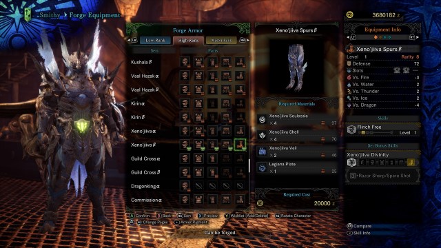 A Hunter wearing alien-like armor is on the armor creation screen of Monster Hunter World.