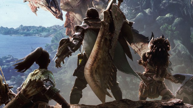 Characters from Monster Hunter World stand ready to battle against a giant beast.