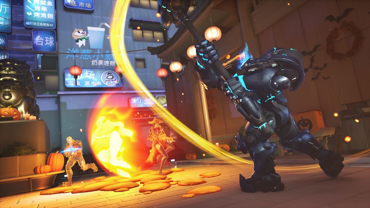 Overwatch 2 screenshot featuring Reinhardt in Lijiang Tower