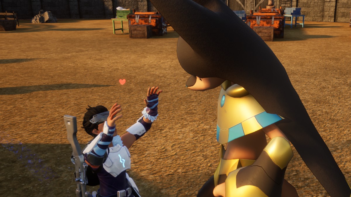 A Pal Trainer reaches up to pet the jackal-like Anubis Pal in Palworld.