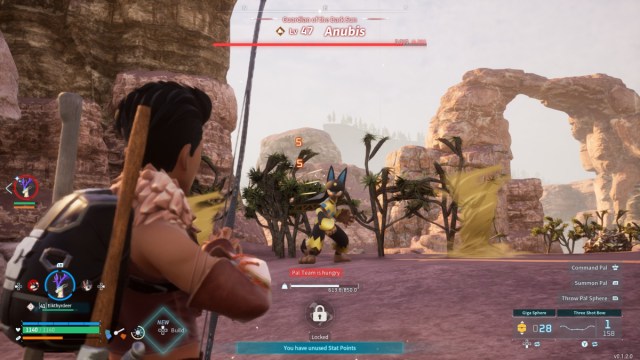 A player in Palworld firing arrows at an Alpha Anubis.