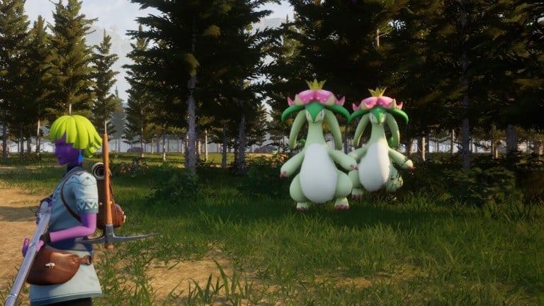 A pair of Dinossum, dinosaurs with flowers on their heads, approach a Pal Trainer in Palworld.