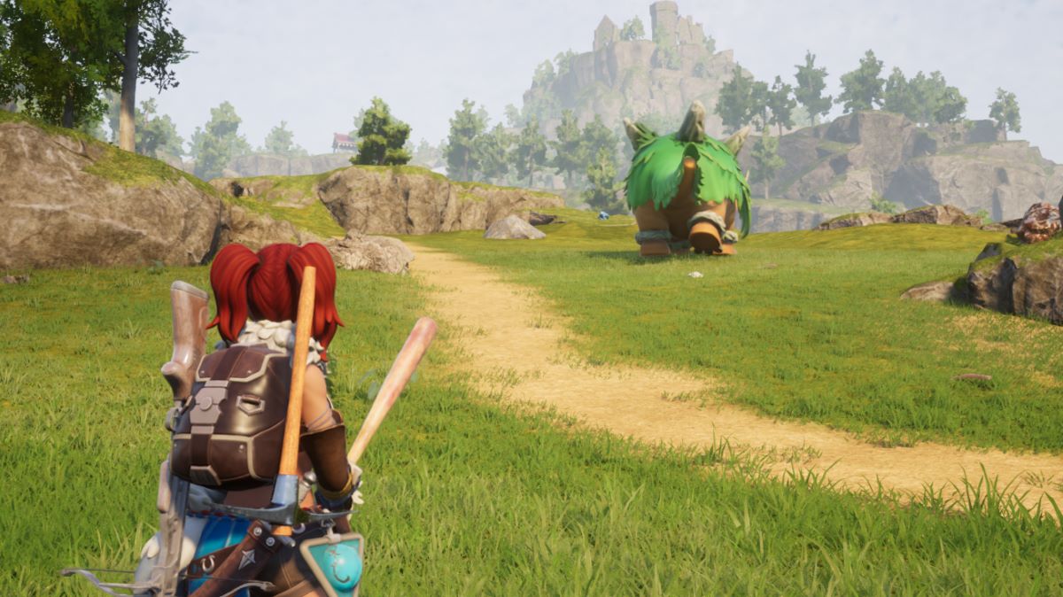 A screenshot of a character looking at a massive green Pal in Palworld.