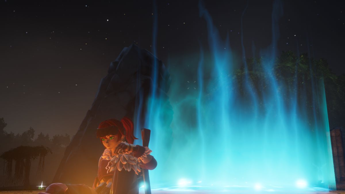 A Palworld screenshot of a player wearing a Metal helm in front of a portal.