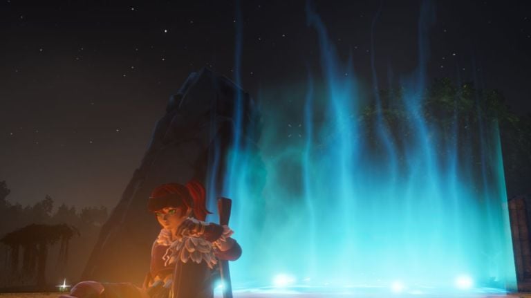 A Palworld screenshot of a player wearing a Metal helm in front of a portal.