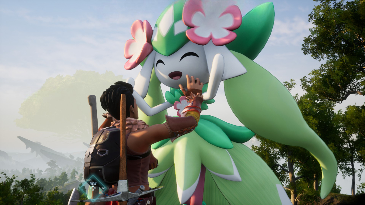 A player in Palworld petting Petallia.
