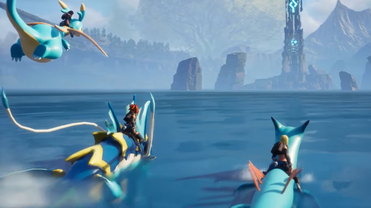 A group of Pal Trainers ride three different Pals—a blue Dragon and two blue sea serpents—in Palworld.