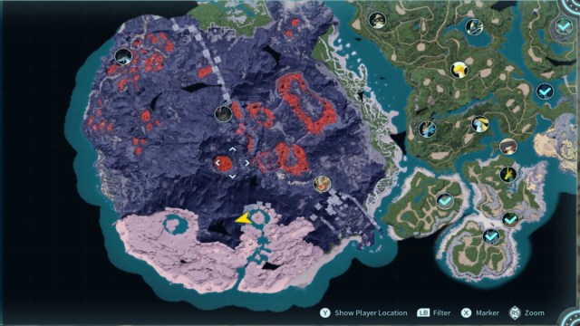 A map showing the Alpha Boss locations in Palworld's volcano biome.