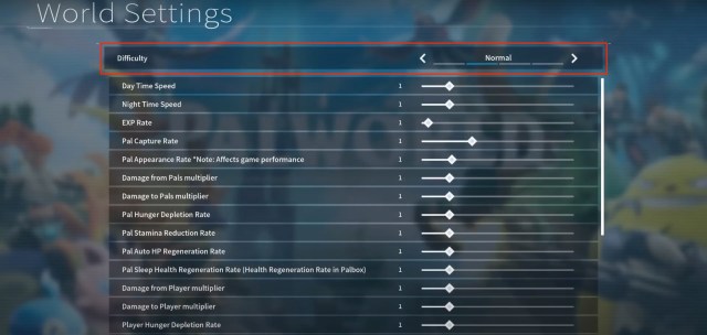 Palworld's World Settings interface.