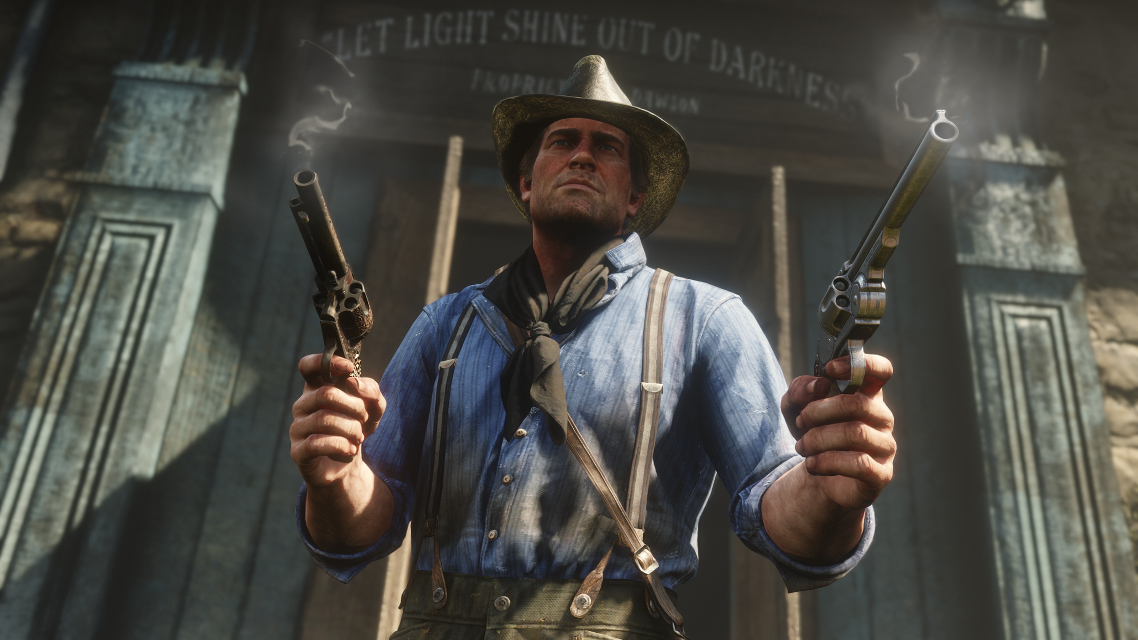 An image of Arthur Morgan wielding guns from Red Dead Redemption 2.