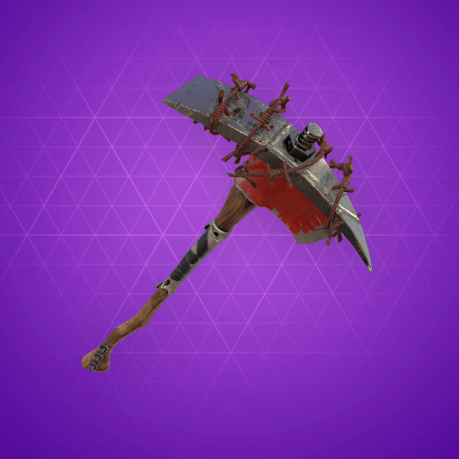 Raiders Revenge pickaxe in Fortnite, a pickaxe with a fireman's axe head underneath the pickaxe head and several coils of barbed wire around it.