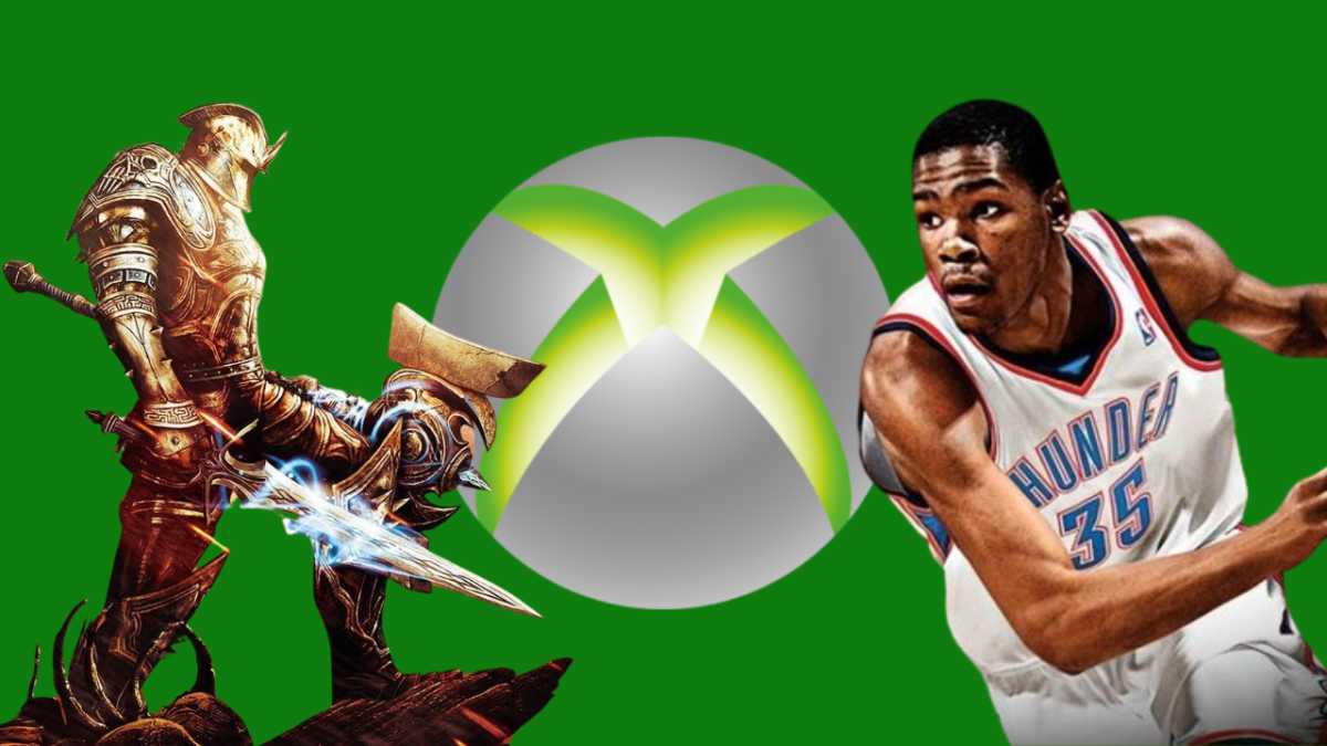 Xbox logo with Kingdoms of Amular and NBA Elite 11 cover art