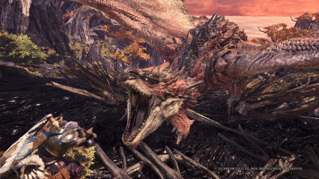 Rathalos roaring at player in Monster Hunter World