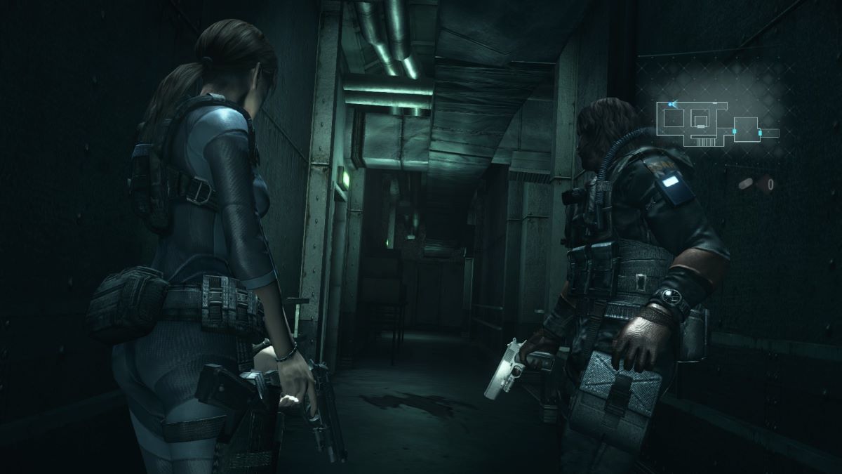 Two Resident Evil characters standing in a dim, gloomy hallway.