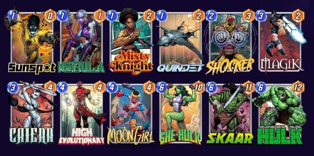 Marvel Snap deck consisting of Sunspot, Nebula, Misty Knight, Quinjet, Shocker, Magik, Caeira, High Evolutionary, Moon Girl, She-Hulk, Skaar, and Hulk.