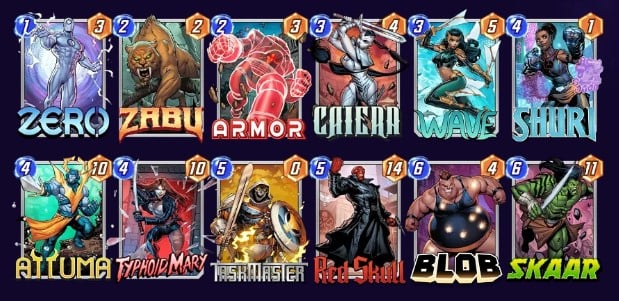 Marvel Snap deck consisting of Zero, Zabu, Armor, Caeira, Wave, Shuri, Attuma, Typhoid Mary, Taskmaster, Red Skull, Blob, and Skaar.