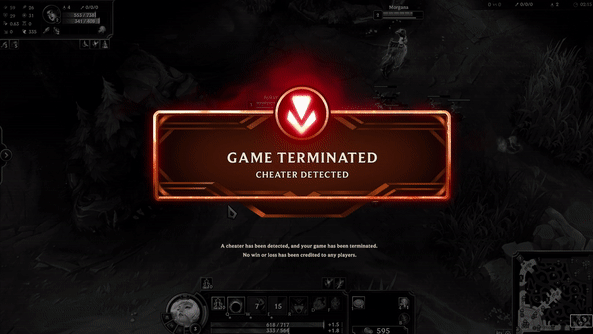 A screenshot of he Riot Vanguard system being put to use in a LoL game, ending it once a cheater has been found.