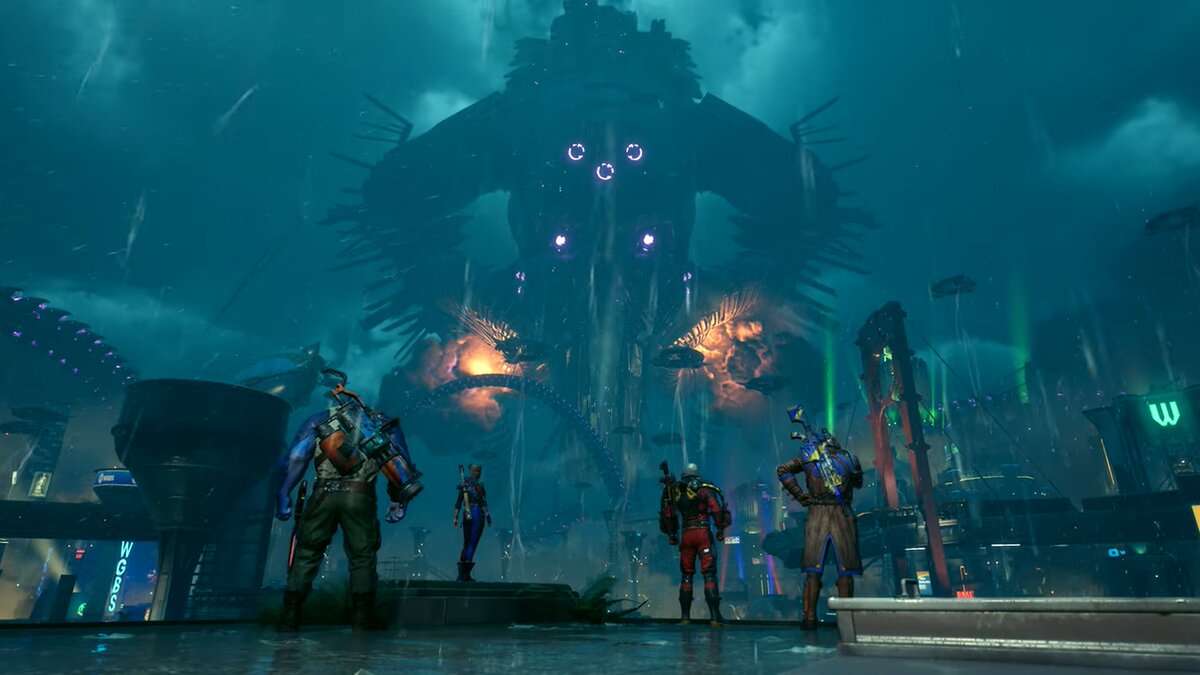 Suicide Squad standing in front of colossal enemy in Kill the Justice League trailer