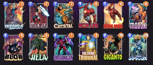 Marvel Snap deck consisting of Invisible Woman, Magik, Crystal, Iron Lad, Iron Man, MODOK, Blob, Hela, Onslaught, The Living Tribunal, Giganto, and The Infinaut.