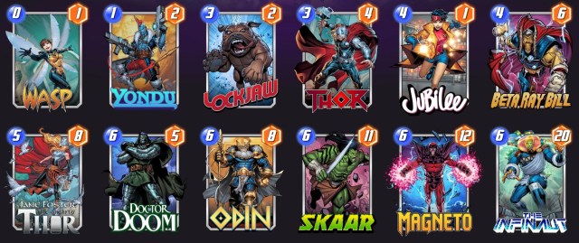 Marvel Snap deck consisting of Wasp, Yondu, Lockjaw, Thor, Jubilee, Beta Ray Bill, Jane Foster, Doctor Doom, Odin, Skaar, Magneto, and The Infinaut.