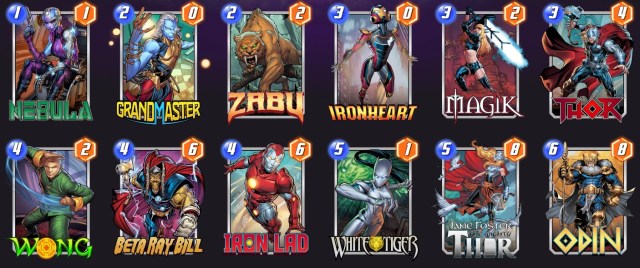 Marvel Snap deck consisting of Nebula, Grandmaster, Zabu, Ironheart, Magik, Thor, Wong, Beta Ray Bill, Iron Lad, White Tiger, Jane Foster, and Odin.