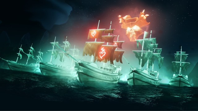 A fleet colorful ships in Sea of Thieves