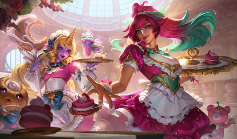 Sivir and Soraka serving cakes in Cafe Cuties.