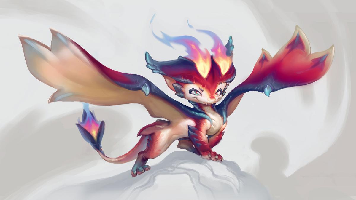 A piece of concept art for Smolder, a small red dragon with flames adorning his horns and the tip of his tail.