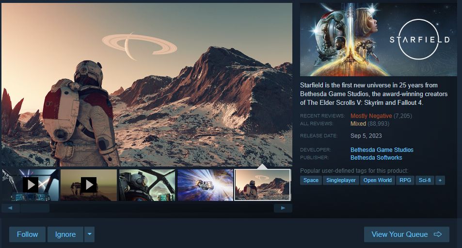 A screenshot of a snippet of Starfield's store page on Steam.