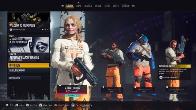 The multiplayer start screen in Suicide Squad: Kill the Justice League