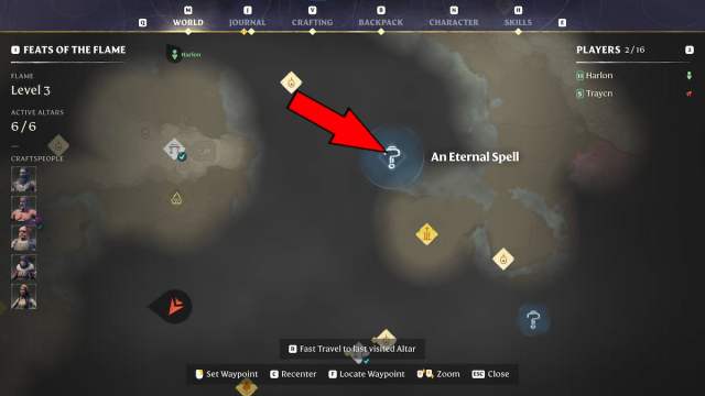 A map in Enshrouded with a red arrow pointing to "An Eternal Spell" with a question mark on it.