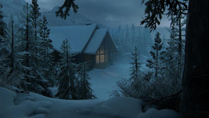 A cabin in a snowy woods