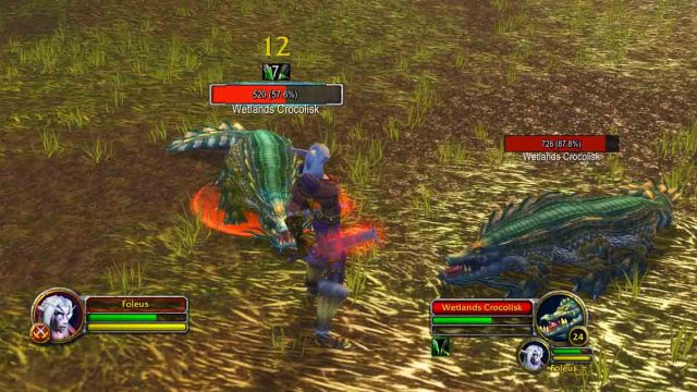 A Rogue in WoW Classic fighting two Crocolisks with the Plater Nameplates addon showing their health bars