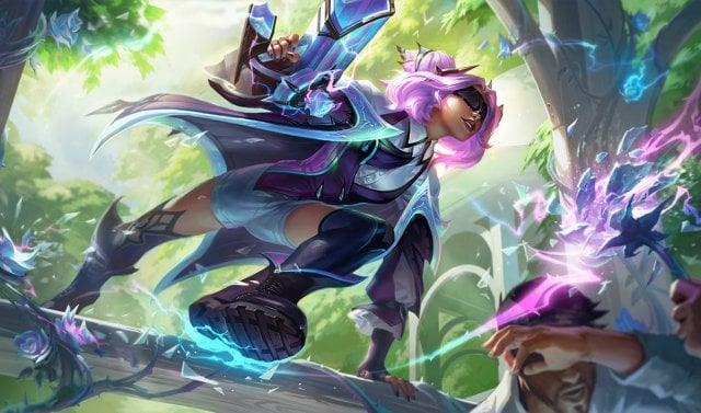 Zeri jumping over a branch, with her gun in her right hand.