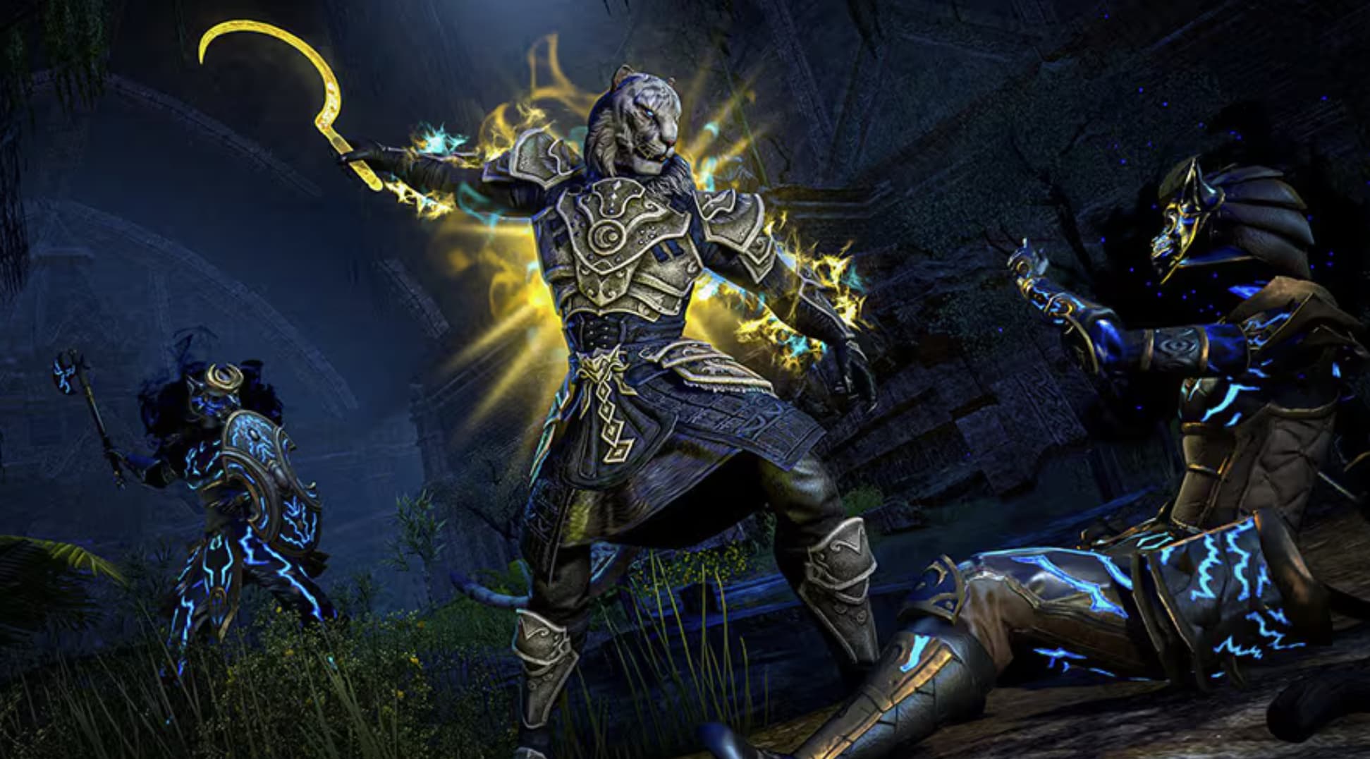 Zerith-var, a Kahjiit Necromancer, stands above a wounded figure with a scythe held high above his head. He glows yellow.