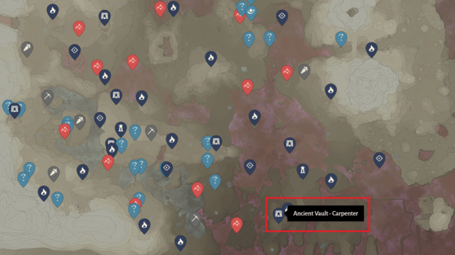 A map of the world with the Ancient Vault for the Carpenter marked.