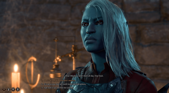 A screenshot of Araj Oblodra, a Drow in BG3 and she is asking the player if she can bite Astarion.