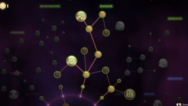 A screenshot of Enshrouded's skill tree highlighting the Ranger path in the green branches.