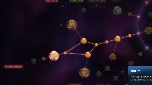 A screenshot of Enshrouded's skill tree highlighting the Barbarian path in the red branches.